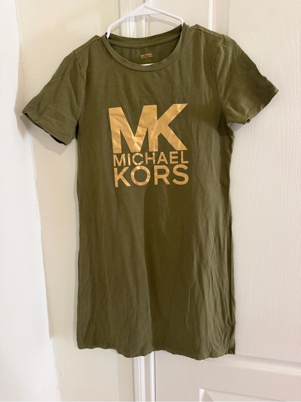 Michael Kors Olive Green Tee Dress with Gold Logo Print